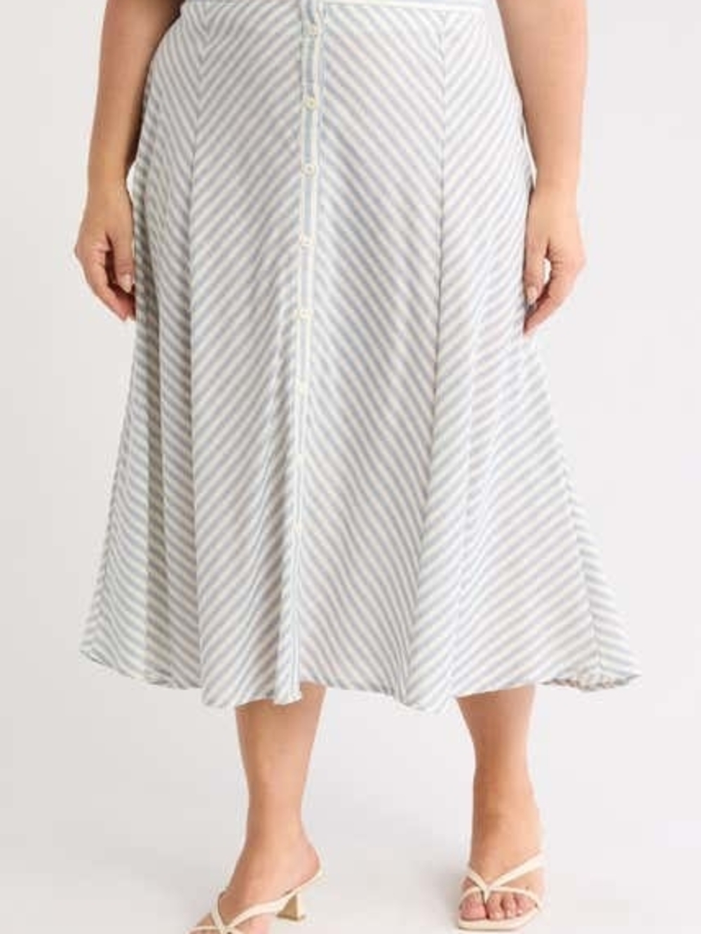 Max Studio Light Blue and Cream Striped Button-Front Midi Skirt 2X Or 3X